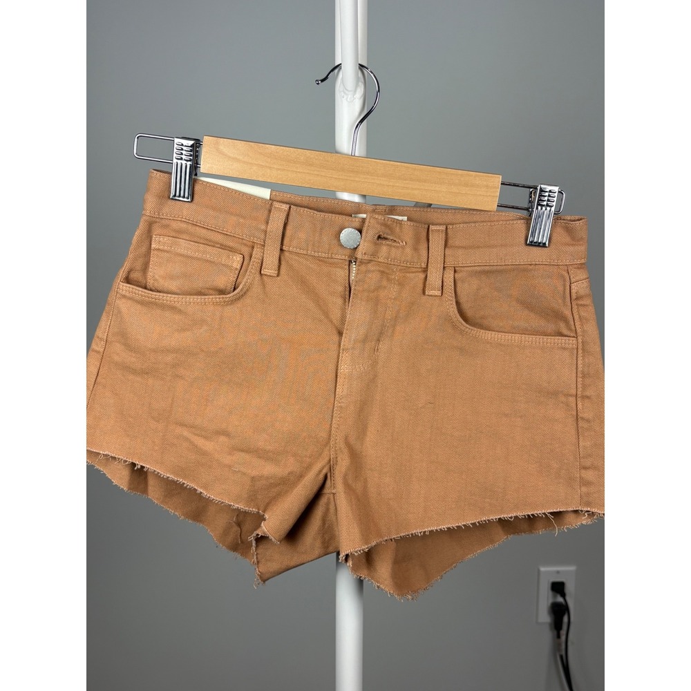L'AGENCE Audrey Mid Rise Denim Shorts Dark Camel Brown Frayed Hem Size 24 NEW
